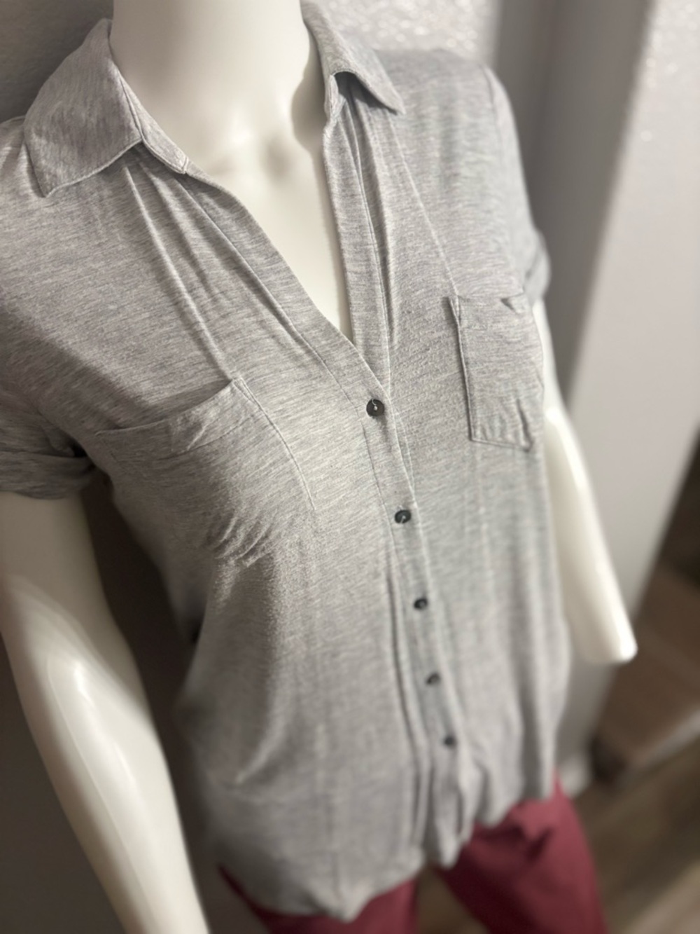 Massimo Dutti Heather Gray Short Sleeve Button Front Tee